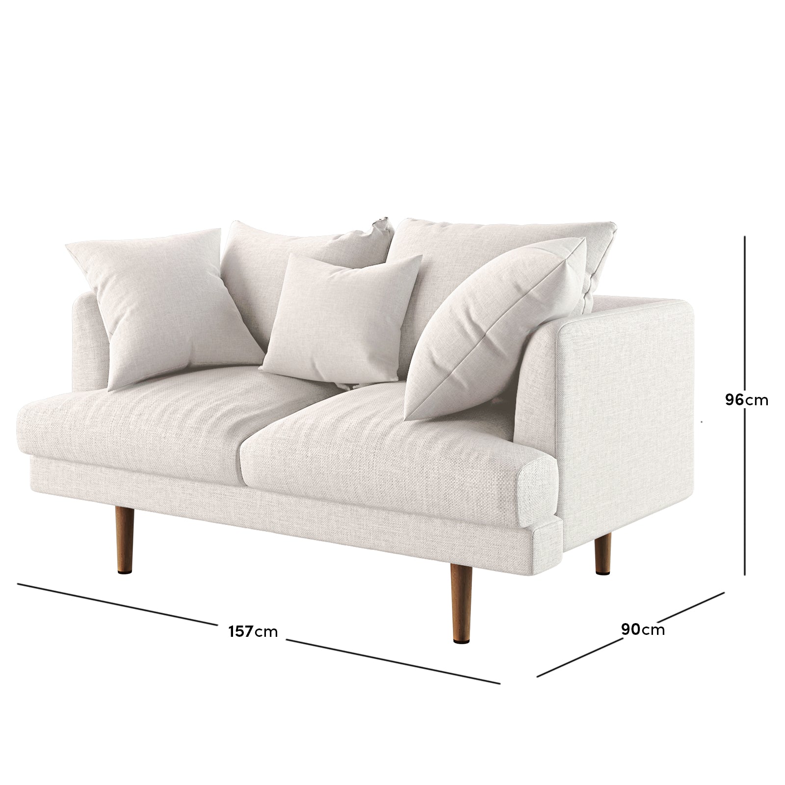 Colton Living Room Package in Cream White features a two-seater loveseat with light fabric, tapered wooden legs, and four loose cushions, perfectly suited for contemporary living room settings.