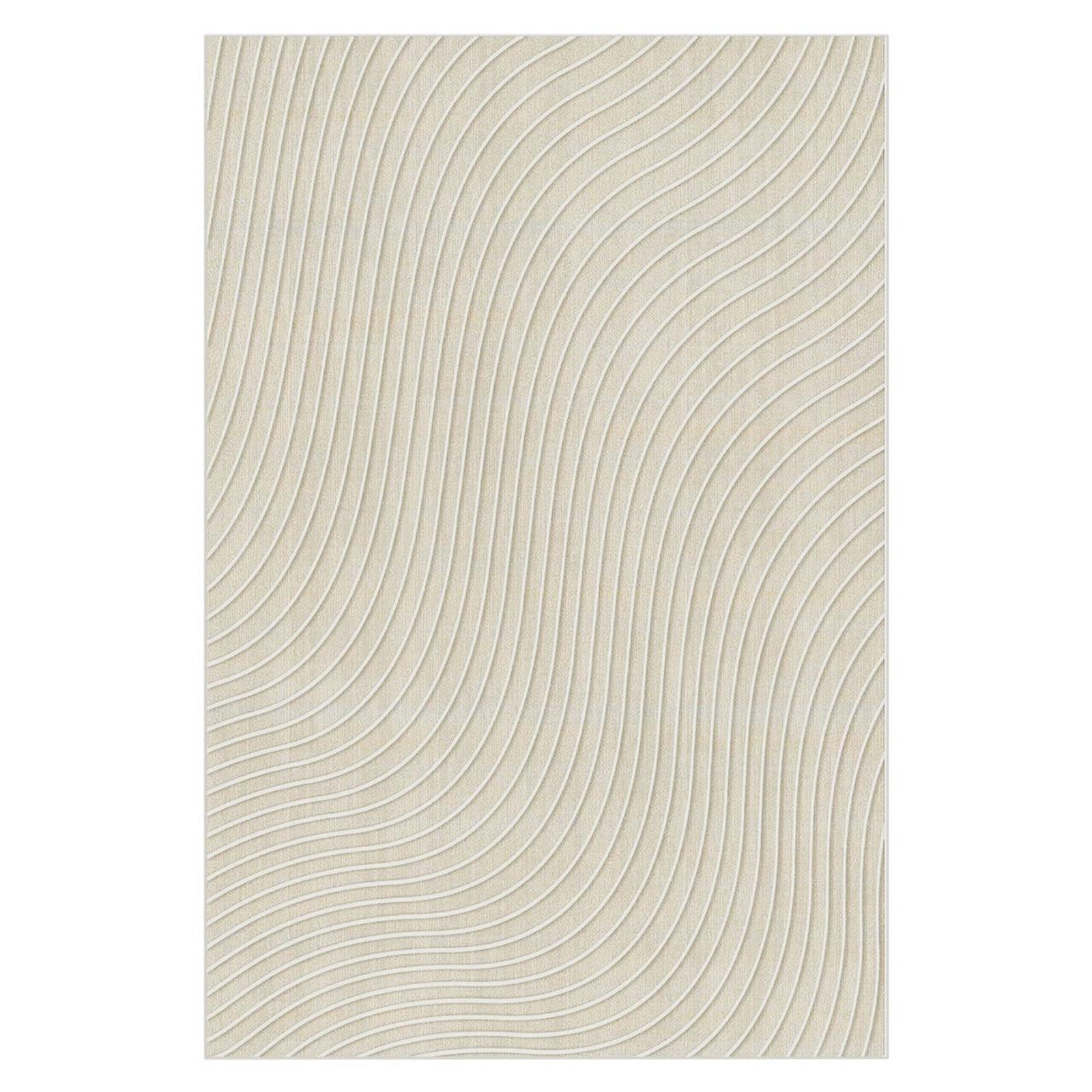 Colton Living Room Package in Cream White, featuring a modern beige/cream wallpaper with wavy white lines, creating a textured backdrop for the elegant and contemporary sofa and coffee table set.