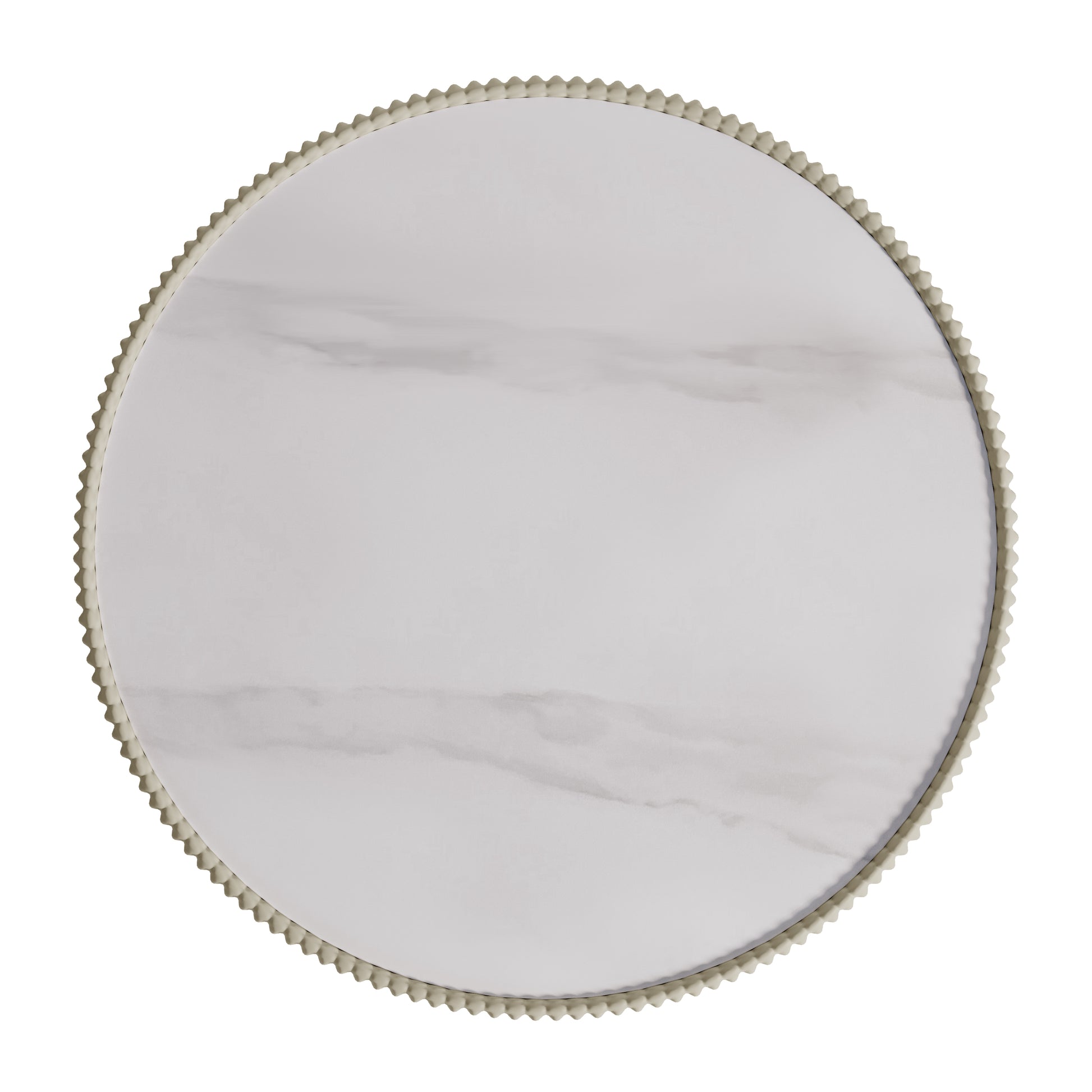 Colton Living Room Package in Cream White features a round marble serving tray with a scalloped metal rim, perfect for contemporary spaces.