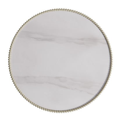 Colton Living Room Package in Cream White features a round marble serving tray with a scalloped metal rim, perfect for contemporary spaces.