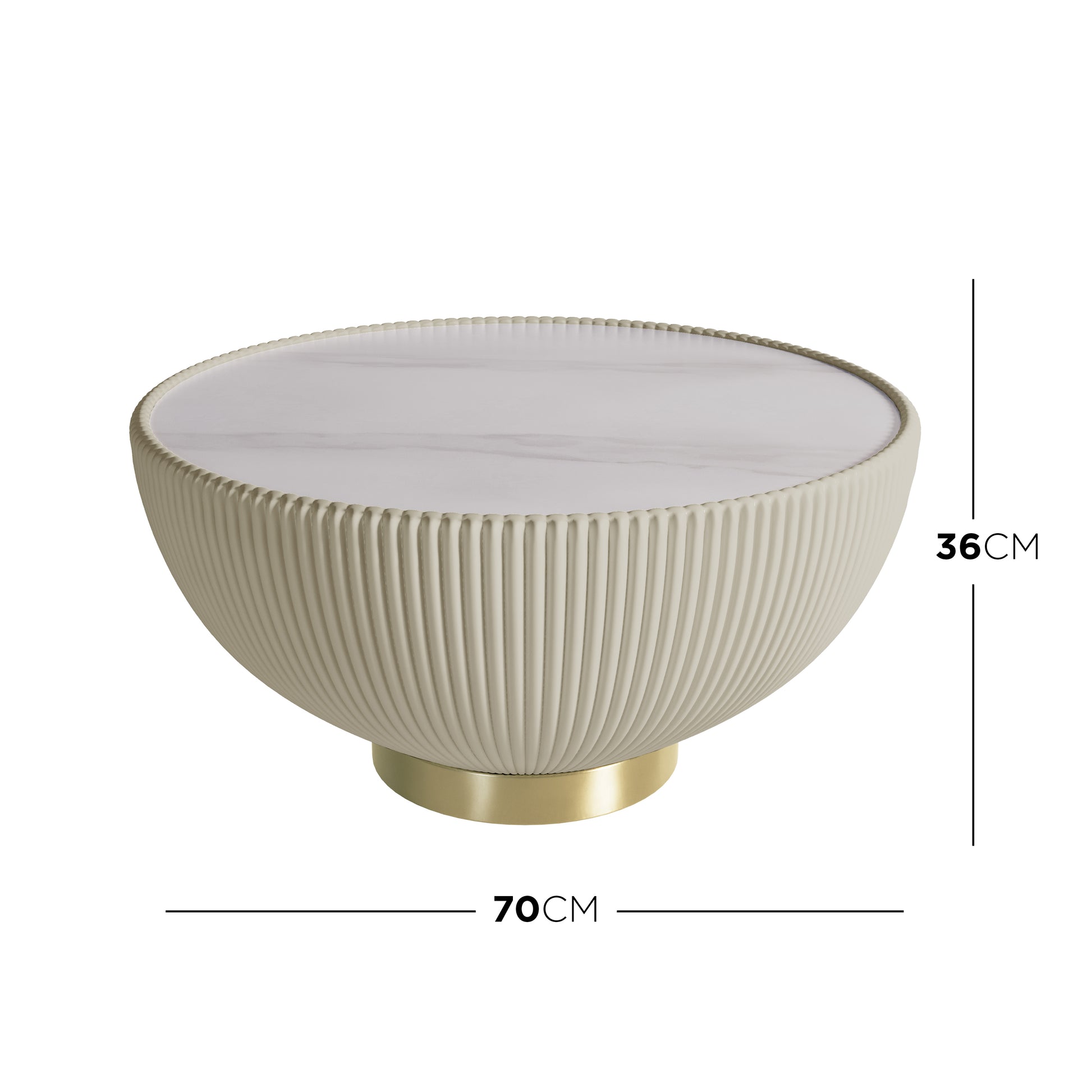Cream white Colton Living Room Package featuring a low, round coffee table with a fluted base, gold-tone plinth, and white marble top, 70 cm diameter, 36 cm tall.