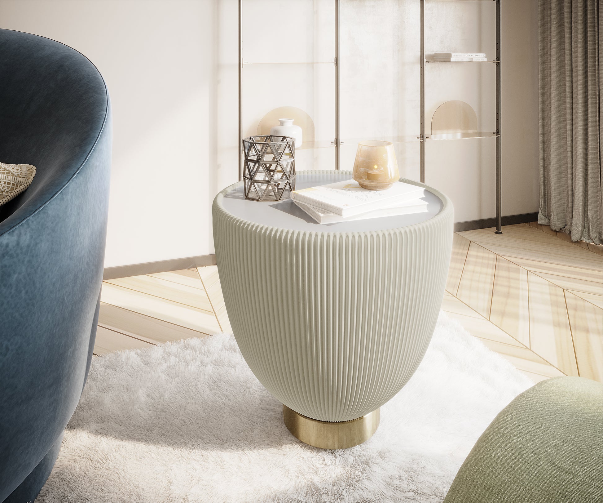 Colton Living Room Package in Cream White featuring a sculptural side table with vertical ribbing, a fluffy rug, and partially visible blue and green upholstered seating in a minimalist, bright setting.