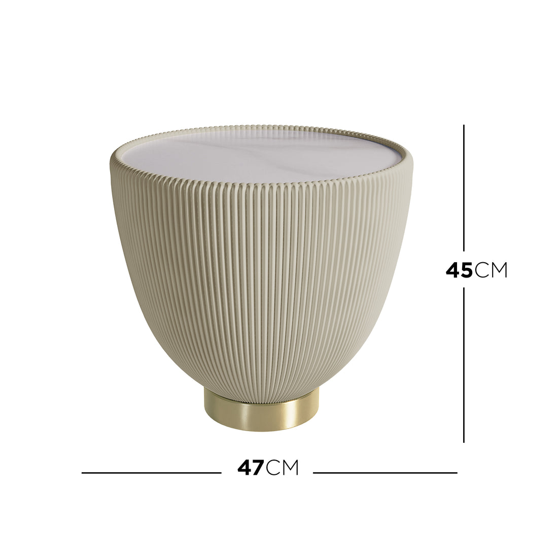 Colton Living Room Package in Cream White features a vertically ribbed, round side table with a convex top and gold-metal base, measuring 47 cm across and 45 cm tall.