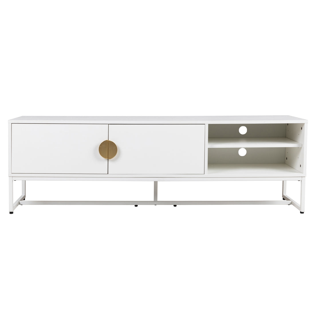 Colton Living Room Package in Cream White: Modern TV stand with white finish, brass-tone handles, two cabinets, and open shelves for cable management, on a sleek white metal frame.