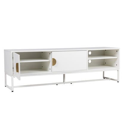 Colton Living Room Package in Cream White: Modern white storage cabinet with brass accents, three compartments including hinged door, solid door, and open cubbies, on a thin metal frame.