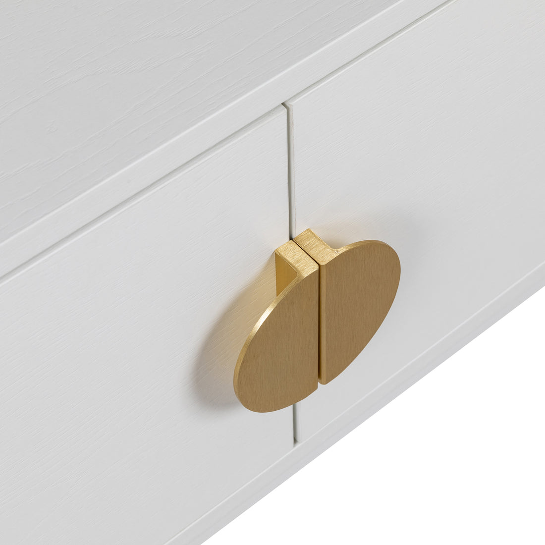 Close-up of Colton Living Room Package in Cream White, showcasing a white wooden cabinet with a brushed-gold half-oval handle, highlighting the elegant blend of modern design and functionality.