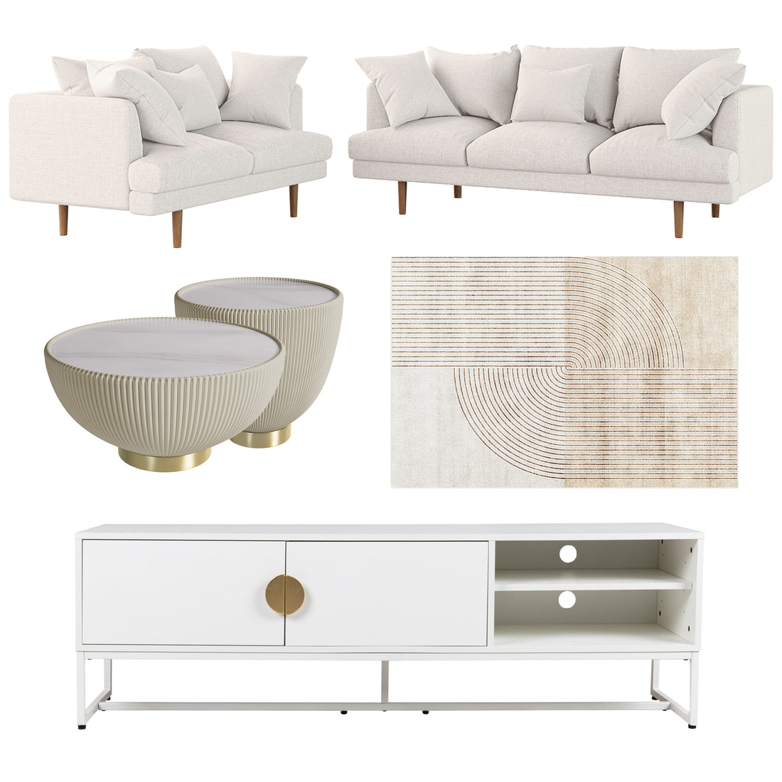 Colton Living Room Package - Cream White featuring an off-white sectional sofa, round ribbed-base coffee tables with marble tops, a geometric abstract rug, and a white media console with brass accents.