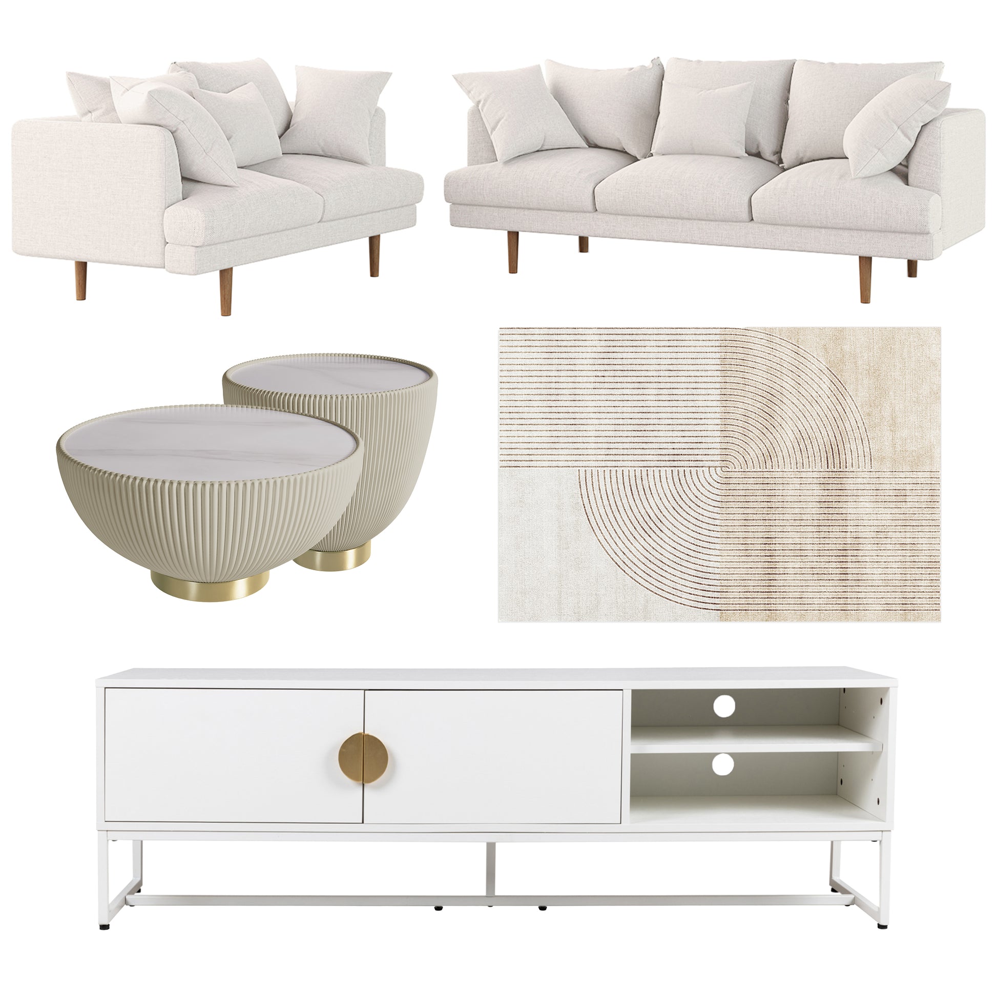 Colton Living Room Package - Cream White featuring an off-white sectional sofa, round ribbed-base coffee tables with marble tops, a geometric abstract rug, and a white media console with brass accents.