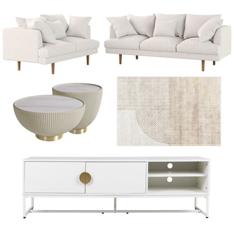 Colton Living Room Package - Cream White featuring an off-white sectional sofa, round ribbed-base coffee tables with marble tops, a geometric abstract rug, and a white media console with brass accents.