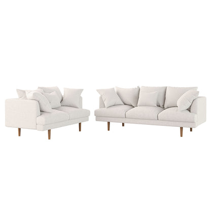 Colton Living Room Package - Cream White: Features two modular, low-profile cream sofas with wooden legs, loose cushions, upholstered armrests, and matching throw pillows, embodying a minimalist, contemporary design.