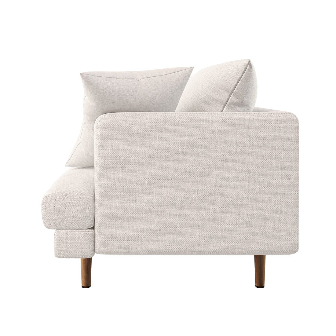 Colton Living Room Package - Cream White: Modern light-beige sofa with squared-off arms, two loose back cushions, slender wooden legs, featuring six throw pillows for a contemporary living space.