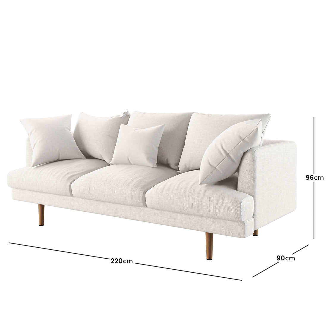 Colton Living Room Package - Cream White features a modern three-seat sofa with light beige upholstery, three loose back cushions, two smaller pillows, and tapered wooden legs, highlighted with overlayed dimensions.