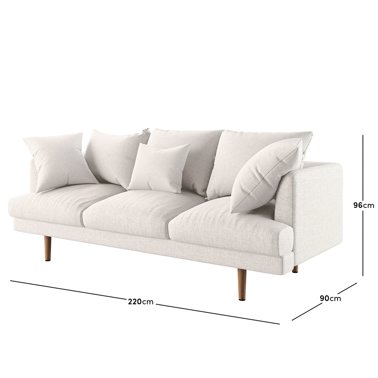 Colton Living Room Package - Cream White features a modern three-seat sofa with light beige upholstery, three loose back cushions, two smaller pillows, and tapered wooden legs, highlighted with overlayed dimensions.