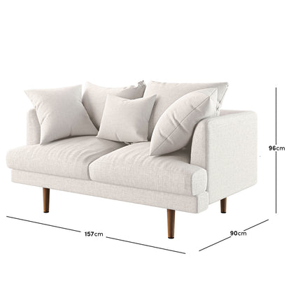 Colton Living Room Package - Cream White: Modern two-seat upholstered sofa with light fabric, four tapered wooden legs, and four matching throw cushions. Ideal for contemporary living spaces.