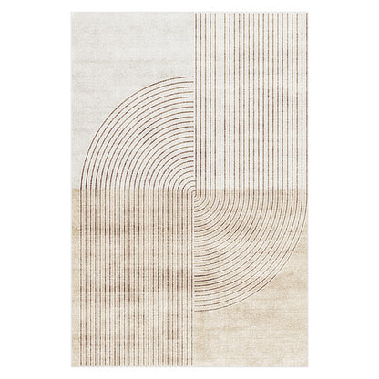 Colton Living Room Package - Cream White: A modern minimalist rug with ivory, tan, and light brown geometric patterns of stripes and arcs, enhancing the contemporary aesthetic of the sofa and coffee table set.