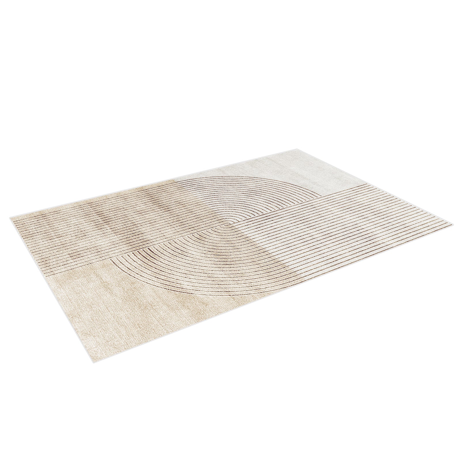 Colton Living Room Package - Cream White: Rectangular floor rug with minimalist geometric pattern, featuring parallel lines and concentric arcs. Modern, understated design complements the contemporary furniture set.
