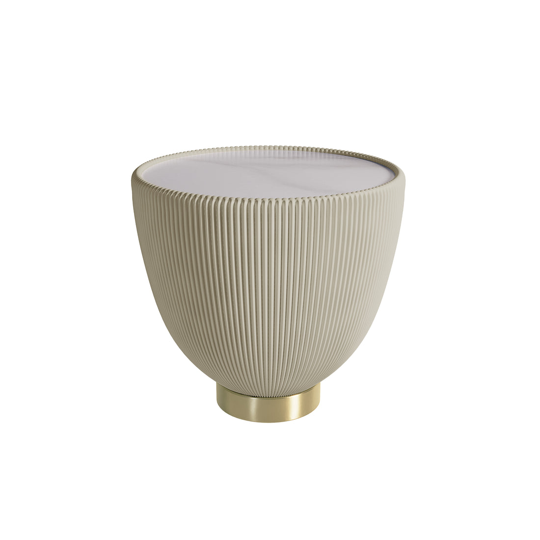 Cream white rounded, fluted-side planter with fine vertical ridges, fitted with a light insert, and set on a polished brass ring, part of the Colton Living Room Package.