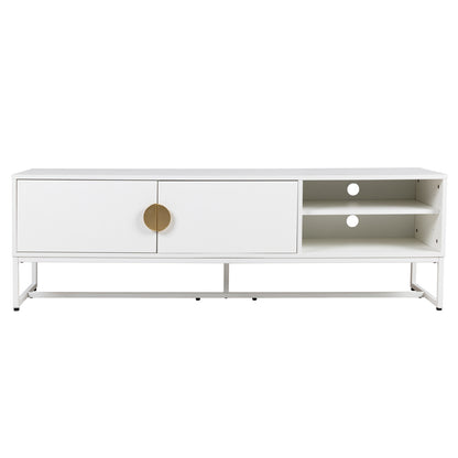 Modern, low-profile Colton Living Room Package - Cream White media console featuring white finish, two brass-handled cabinet doors, open shelves with cable pass-throughs, and a white metal frame.