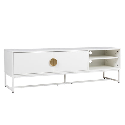Colton Living Room Package - Cream White features a matte white media console with dual cabinets, brass knob, open shelves, cable cutouts, and an elevated metal base. Ideal for contemporary settings.
