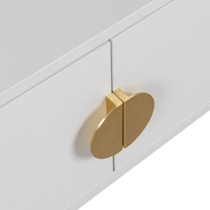 Close-up of the Colton Living Room Package featuring a white cabinet door with brass-finished, half-oval handles forming a smooth oval when closed.