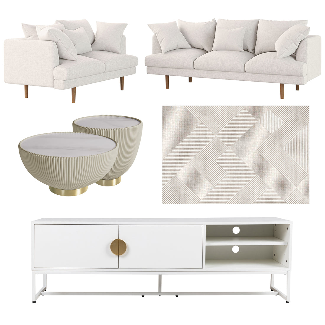 Collage of the Colton Living Room Package - Cream White, showcasing a cream upholstered sofa, geometric-patterned rug, marble-top coffee tables, and a white media console with brass-tone accents.