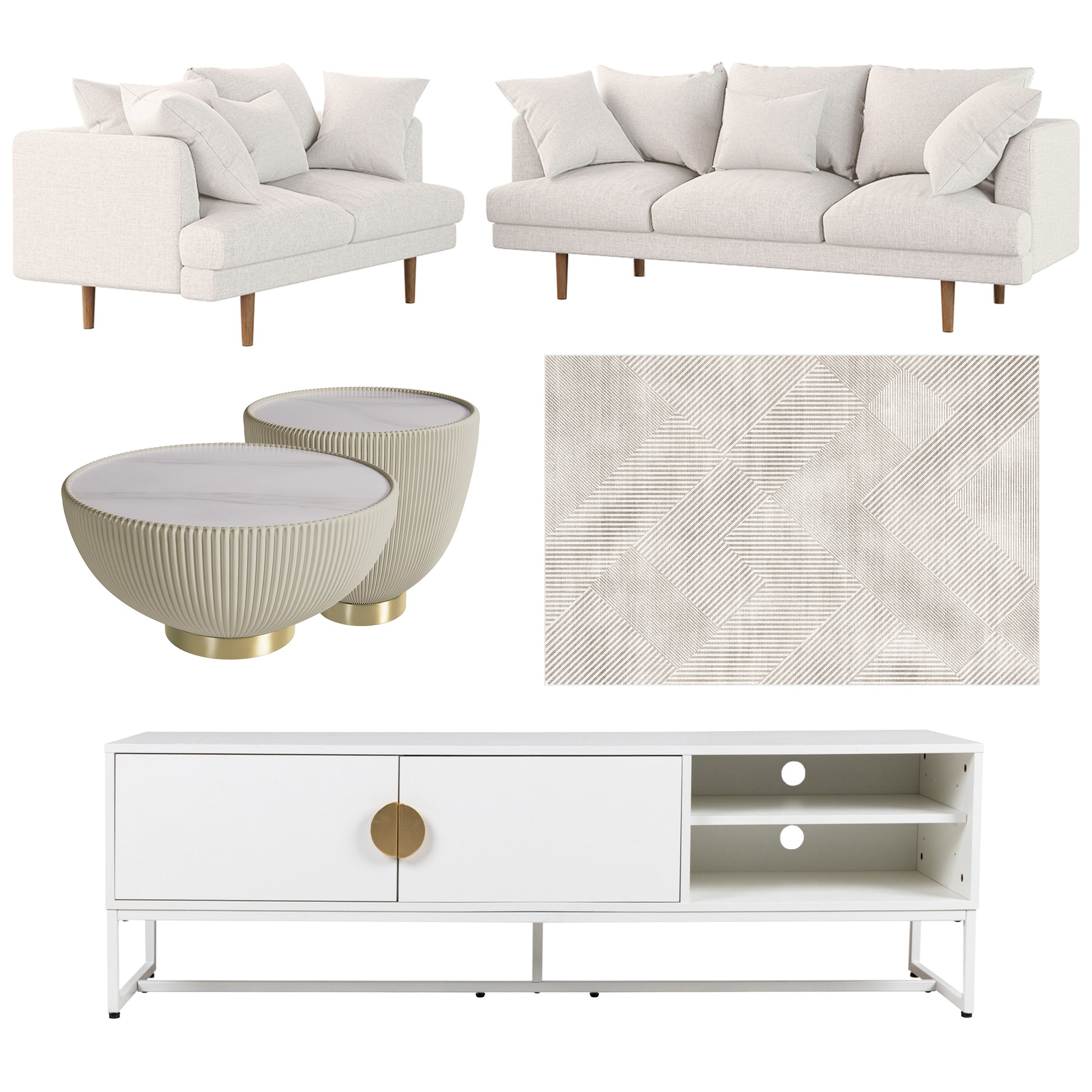Collage of the Colton Living Room Package - Cream White, showcasing a cream upholstered sofa, geometric-patterned rug, marble-top coffee tables, and a white media console with brass-tone accents.