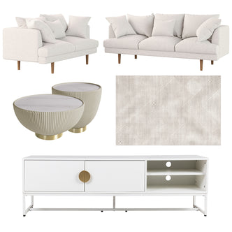 Collage of the Colton Living Room Package - Cream White, showcasing a cream upholstered sofa, geometric-patterned rug, marble-top coffee tables, and a white media console with brass-tone accents.