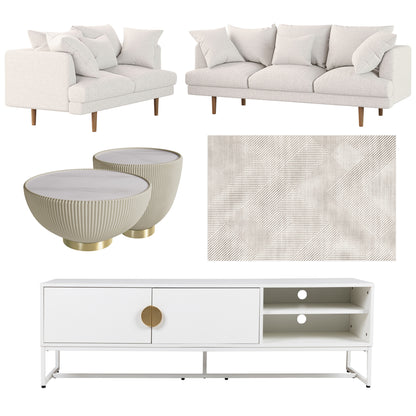 Collage of the Colton Living Room Package - Cream White, showcasing a cream upholstered sofa, geometric-patterned rug, marble-top coffee tables, and a white media console with brass-tone accents.