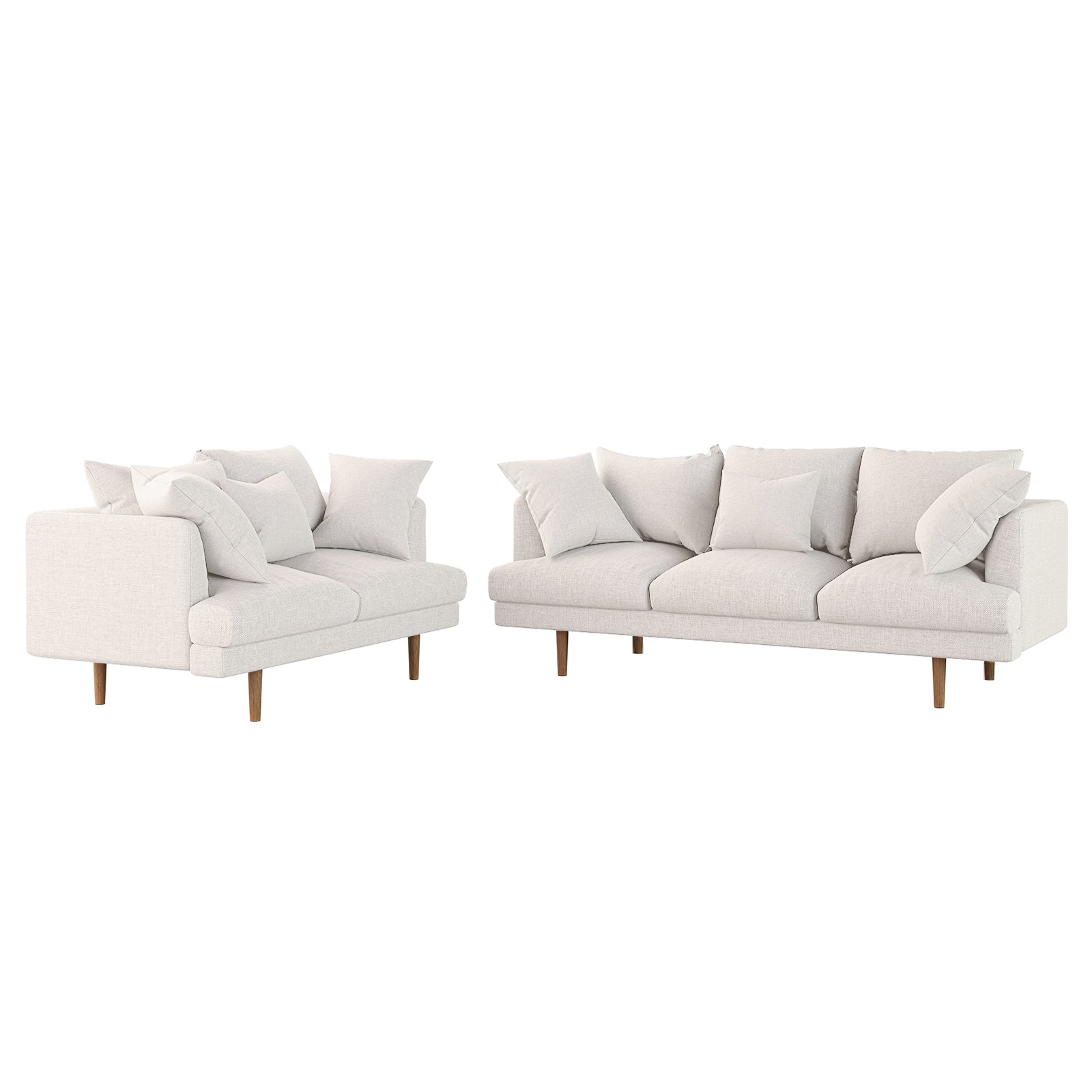 Colton Living Room Package - Cream White: Two matching sofa modules with cream upholstery, solid wood legs, thick cushions, and six pillows, featuring a two-seater with one arm and a three-seater with the opposite arm.