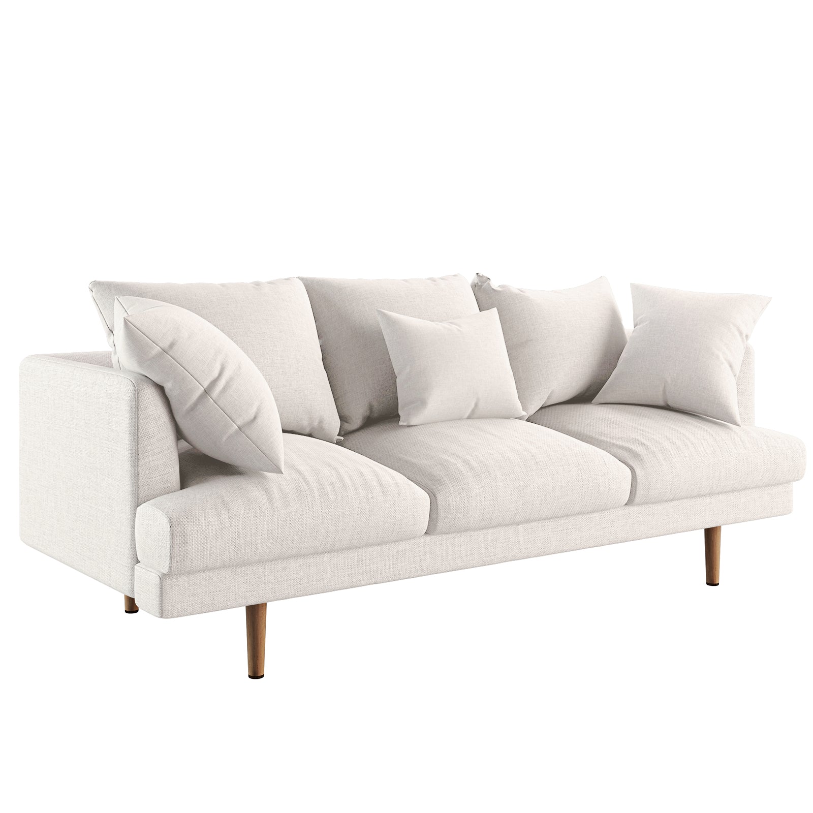 Colton Living Room Package - Cream White features a mid-century, three-seat sofa with slim tapered wooden legs and five loose pillows, upholstered in cream fabric, ideal for modern living spaces.