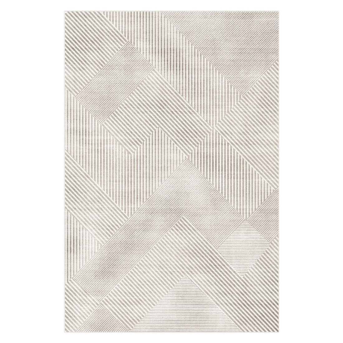 Colton Living Room Package - Cream White features a modern abstract floor rug with a geometric patchwork of shapes and parallel lines, complementing contemporary living room aesthetics.