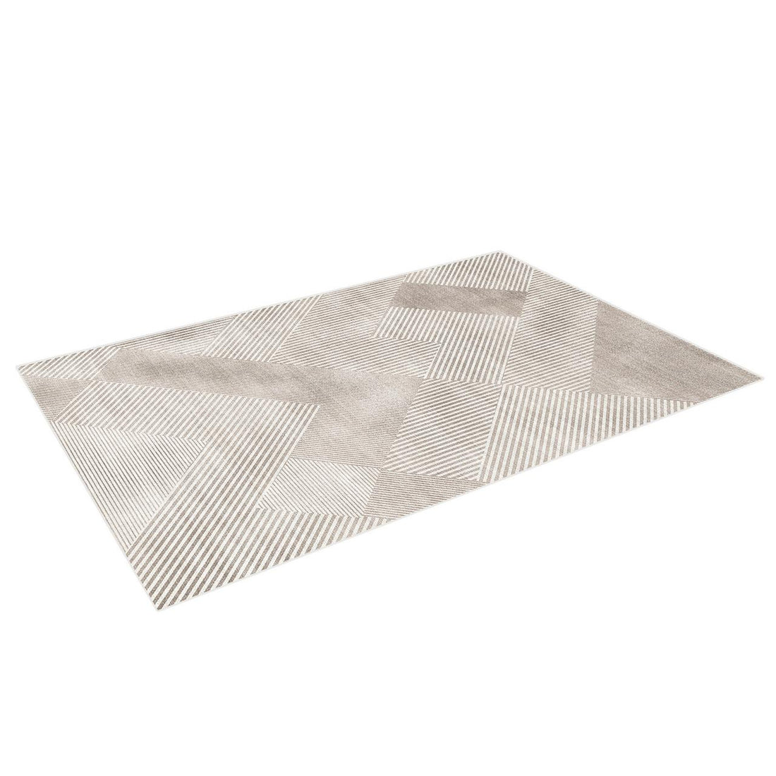 Colton Living Room Package - Cream White: A neutral-beige rectangular rug with a geometric patchwork pattern, paired with a contemporary cream-white sofa and a sintered stone coffee table set.