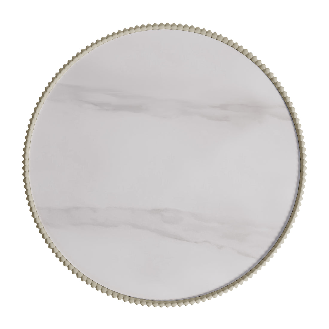 Colton Living Room Package - Cream White: A marble surface round serving tray with a gold-colored scalloped rim, enhancing the elegant aesthetic of the featured contemporary fabric sofa collection.