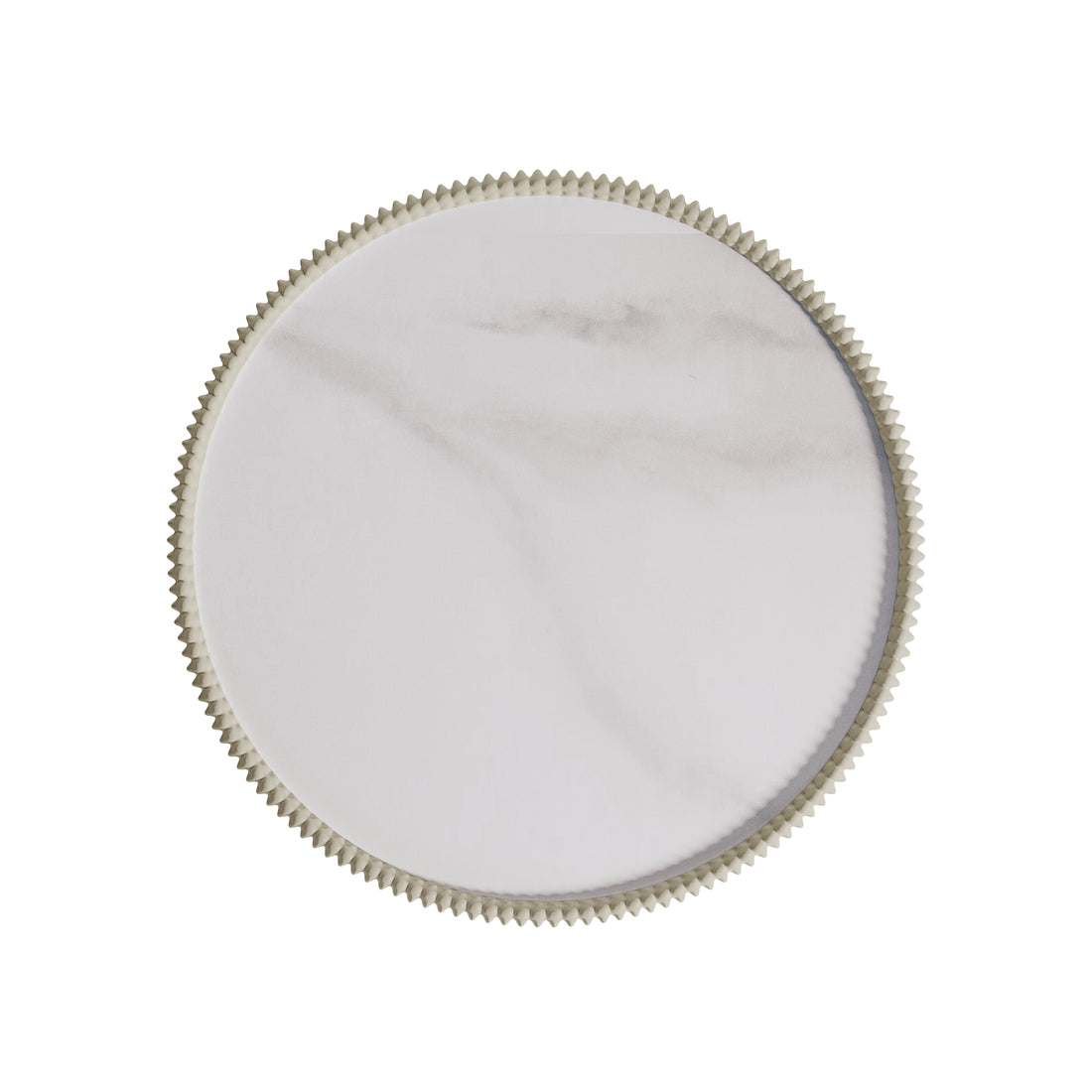 Colton Living Room Package - Cream White features a round, white-faced object with a scallop-edged beige rim, highlighting the package's contemporary elegance for versatile, stylish living spaces.
