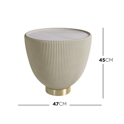 Colton Living Room Package - Cream White features a small round accent table with a marble-effect top, fluted off-white body, and brushed brass base, measuring 47 cm diameter, 45 cm height.