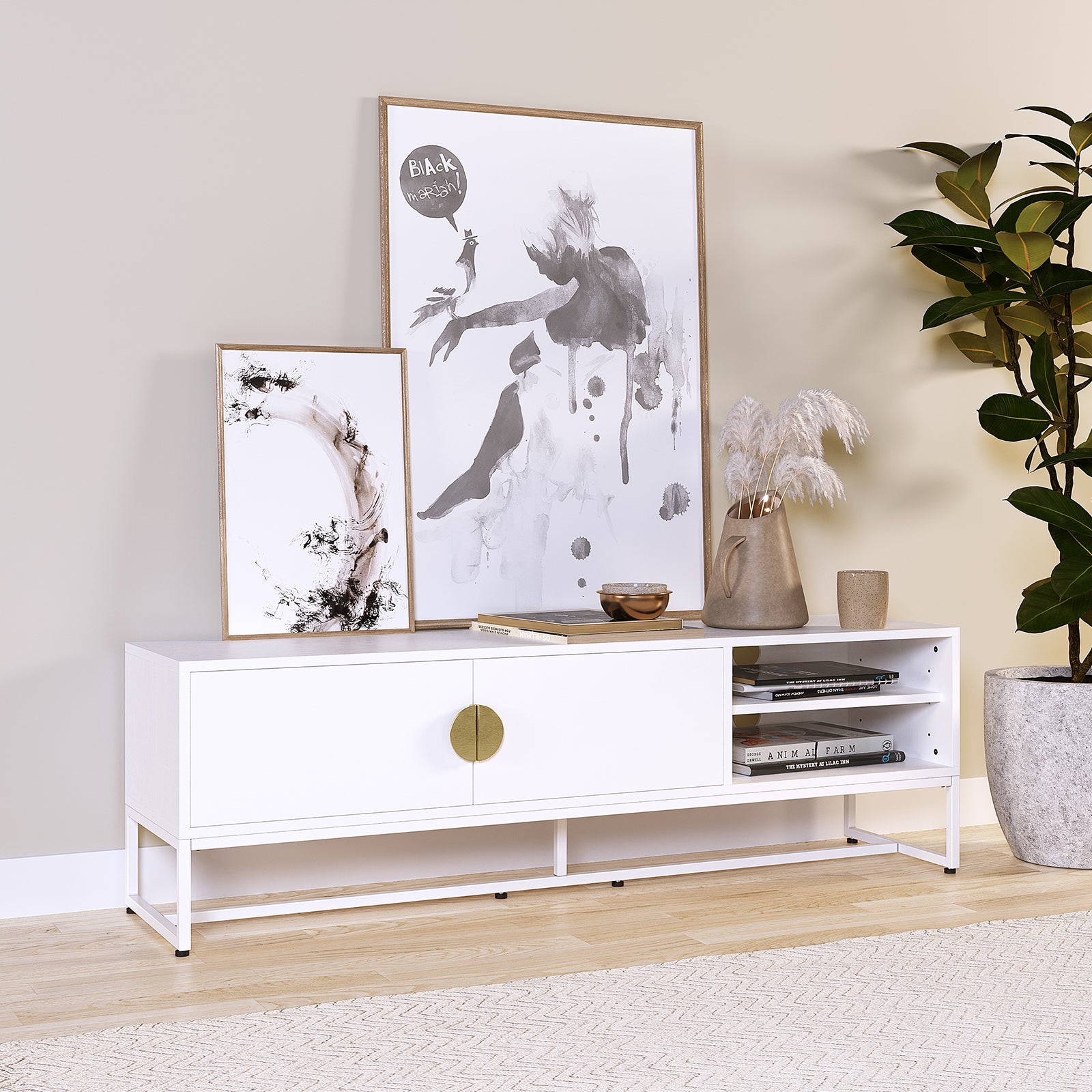 Colton Living Room Package in cream white featuring a minimalist white media console with art prints, decorative items, open shelves, and a potted plant, embodying contemporary elegance and functionality.