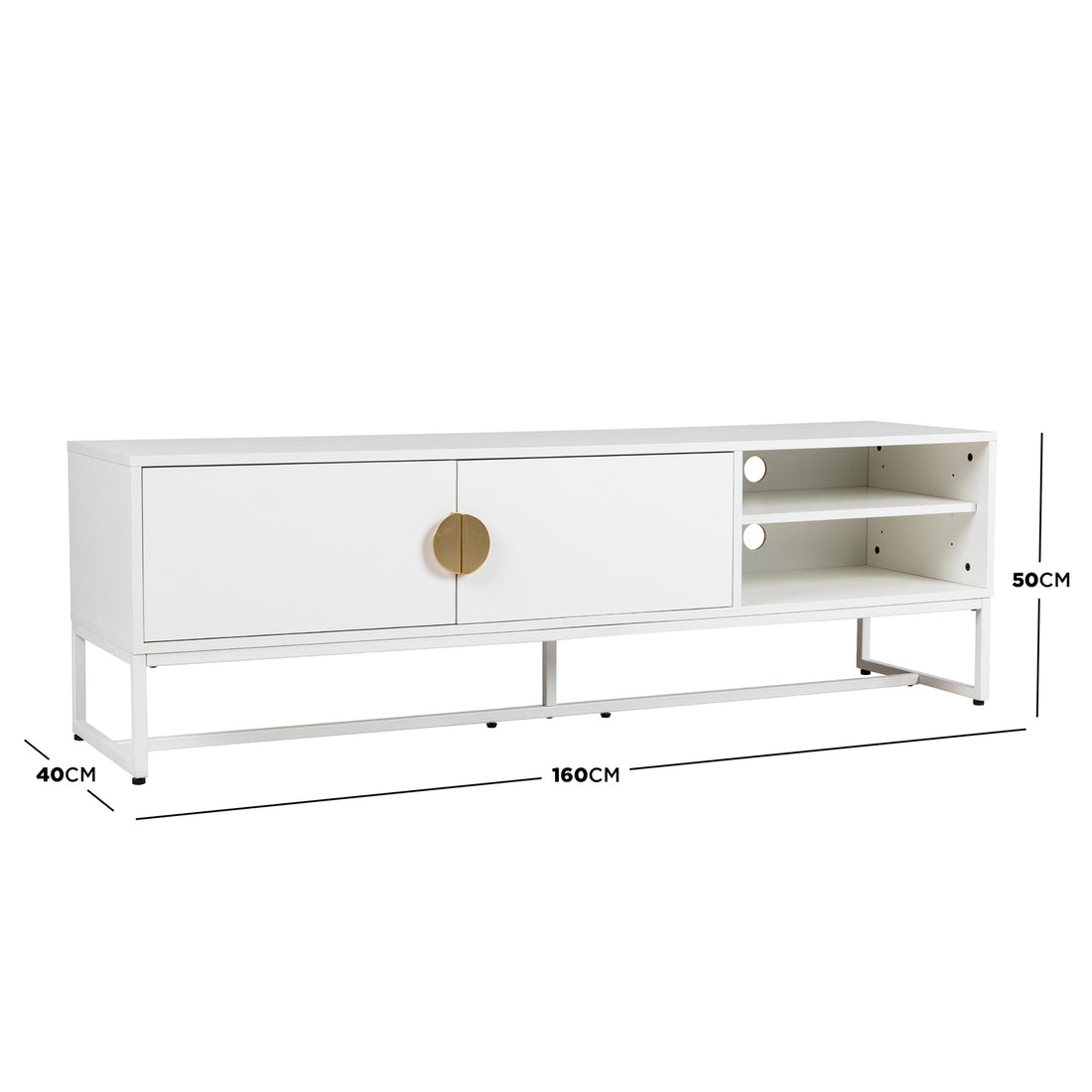 Landon 160cm TV Entertainment Unit in matte white with left cupboard doors, brass pulls, right open shelves, cable holes, and white metal base, part of the Colton Living Room Package - Cream White.