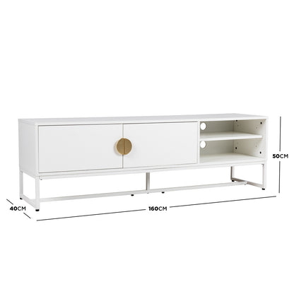 Landon 160cm TV Entertainment Unit in matte white with left cupboard doors, brass pulls, right open shelves, cable holes, and white metal base, part of the Colton Living Room Package - Cream White.