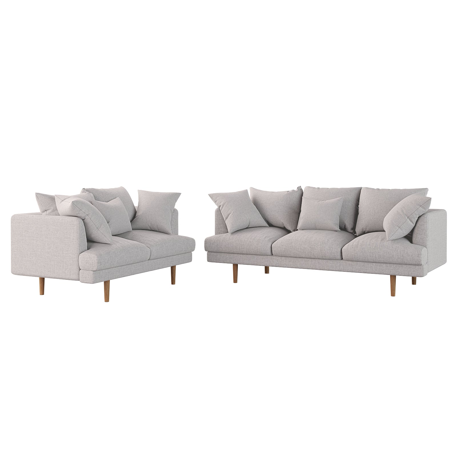 Colton 5-Seater Fabric Sofa in Stone with low, boxy profile, loose cushions, and short, tapered wooden legs, forming a modular arrangement for modern, comfortable living spaces.