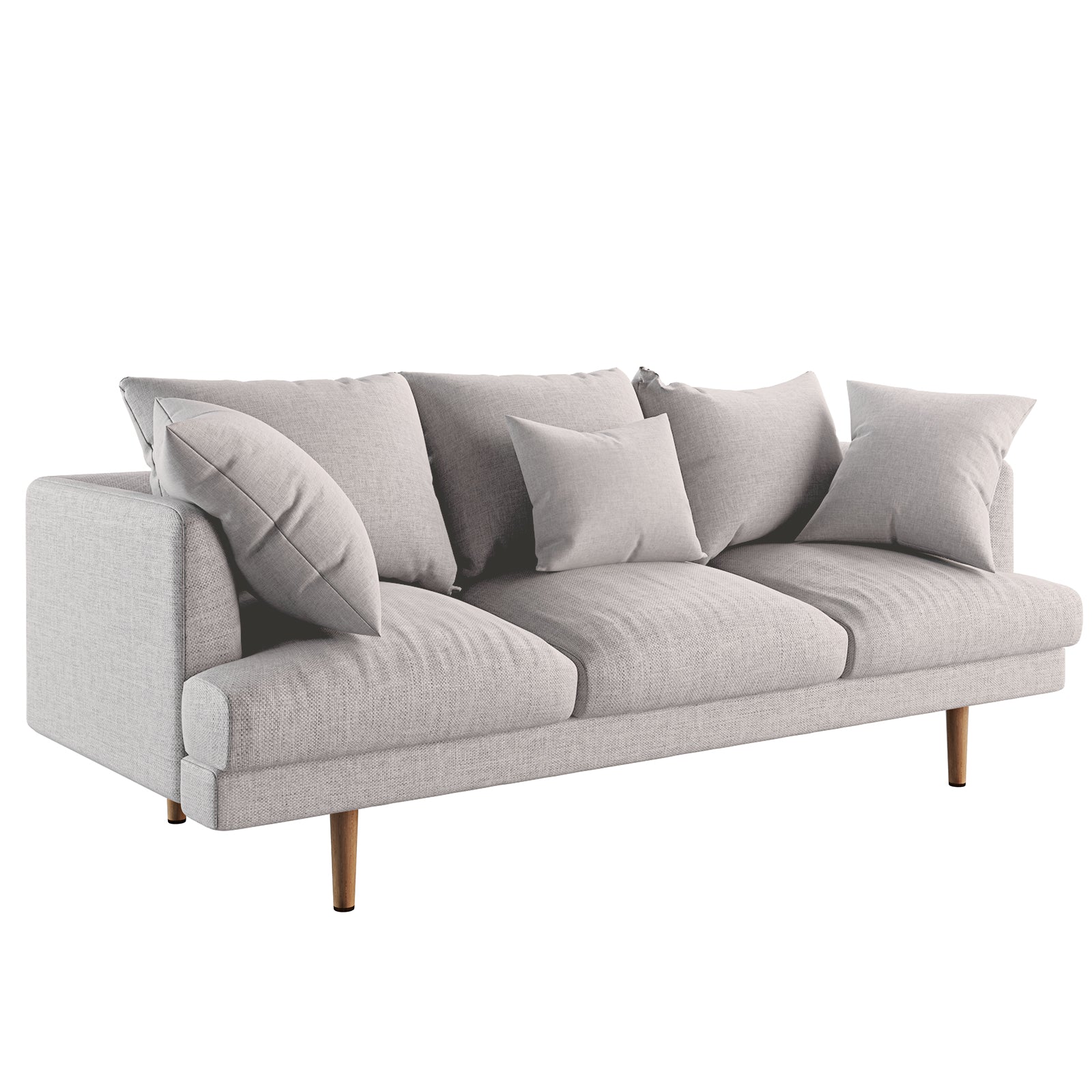 Colton 5-Seater Fabric Sofa in Stone features a mid-century design with light gray upholstery, three loose back cushions, and five throw pillows. It stands on slender wooden legs, exuding timeless elegance.