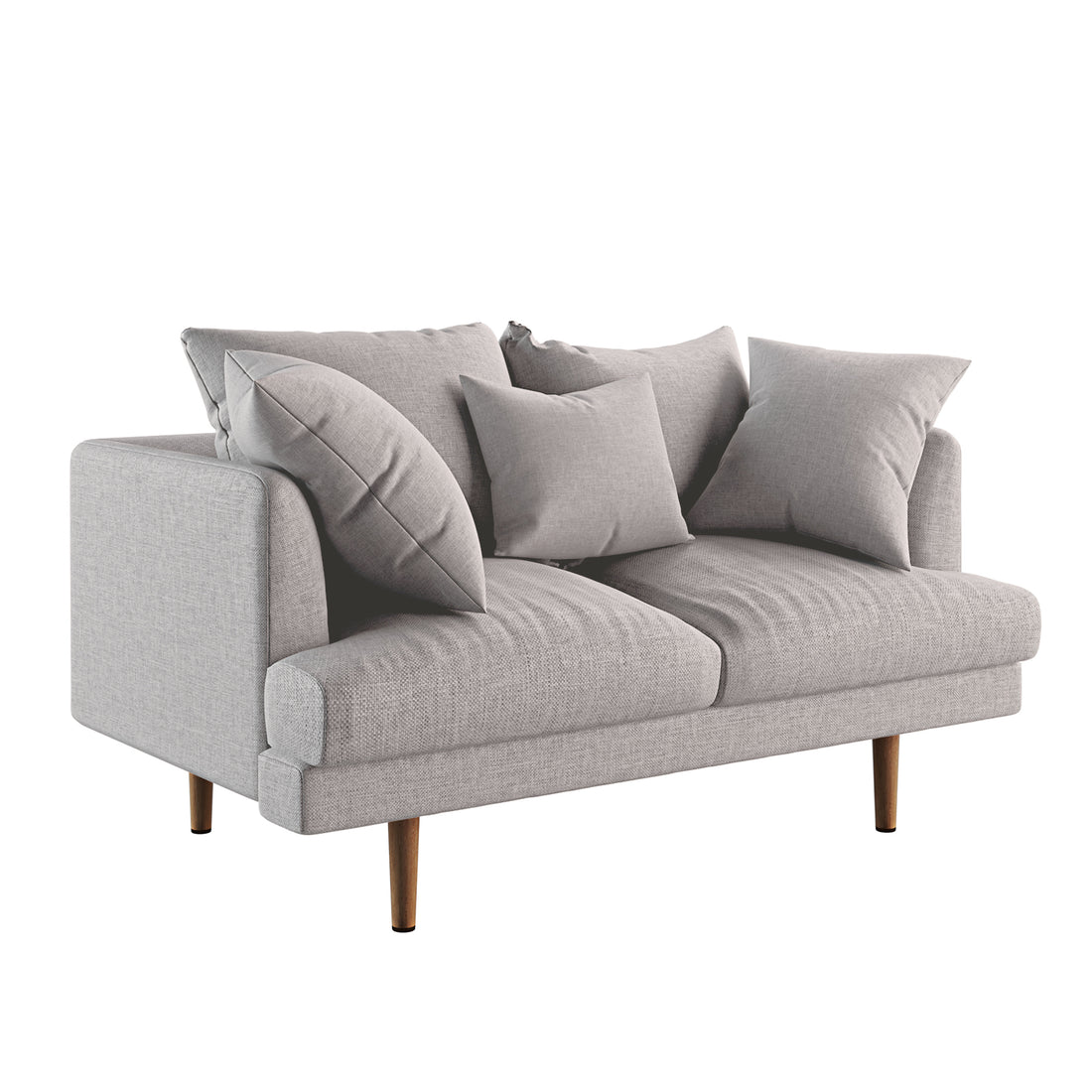 Colton 5-Seater Fabric Sofa in Stone: A compact two-seater with light gray upholstery, straight arms, thick cushions, and slender wooden legs, featuring additional throw pillows for added comfort and style.