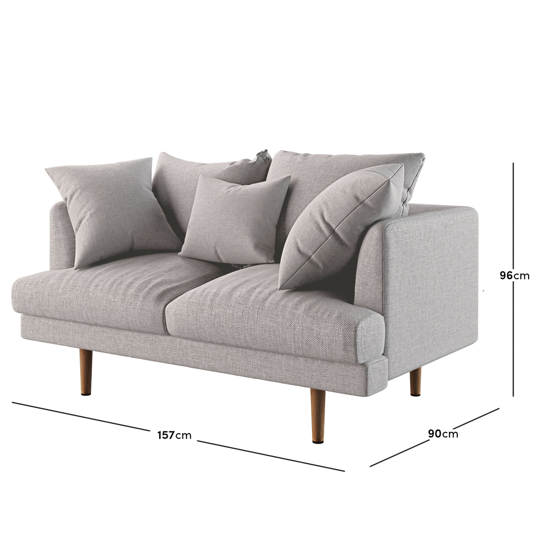 Colton 5-Seater Fabric Sofa in Stone features a modern two-seater loveseat in light grey fabric with four matching throw-pillows and tapered wooden legs, measuring 157 cm wide, 90 cm deep, and 96 cm tall.