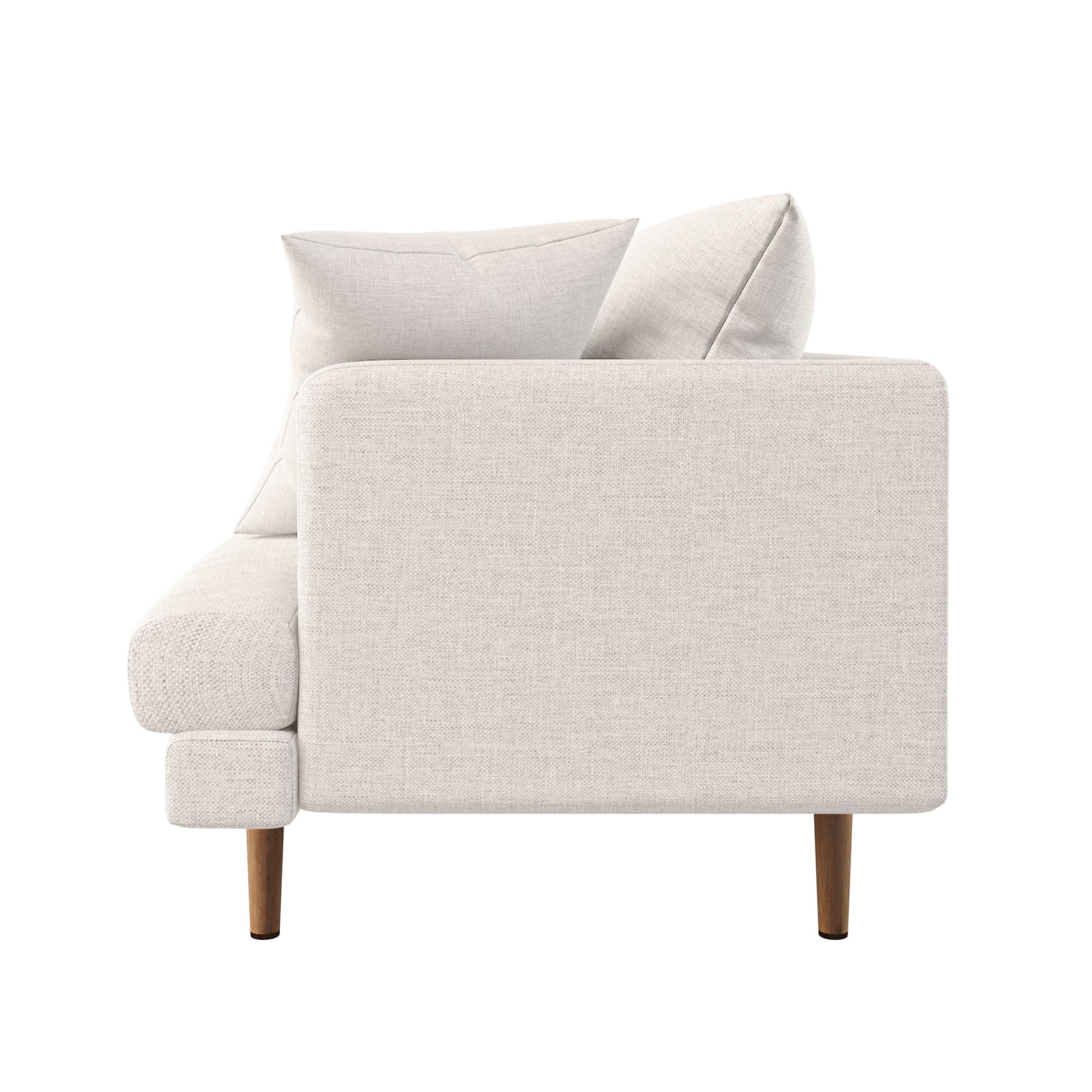 Colton 2 Seater Fabric Sofa Cream White, showcasing its sleek back, soft cushions, and close-up of the durable white fabric, emphasizing modern design and comfort.