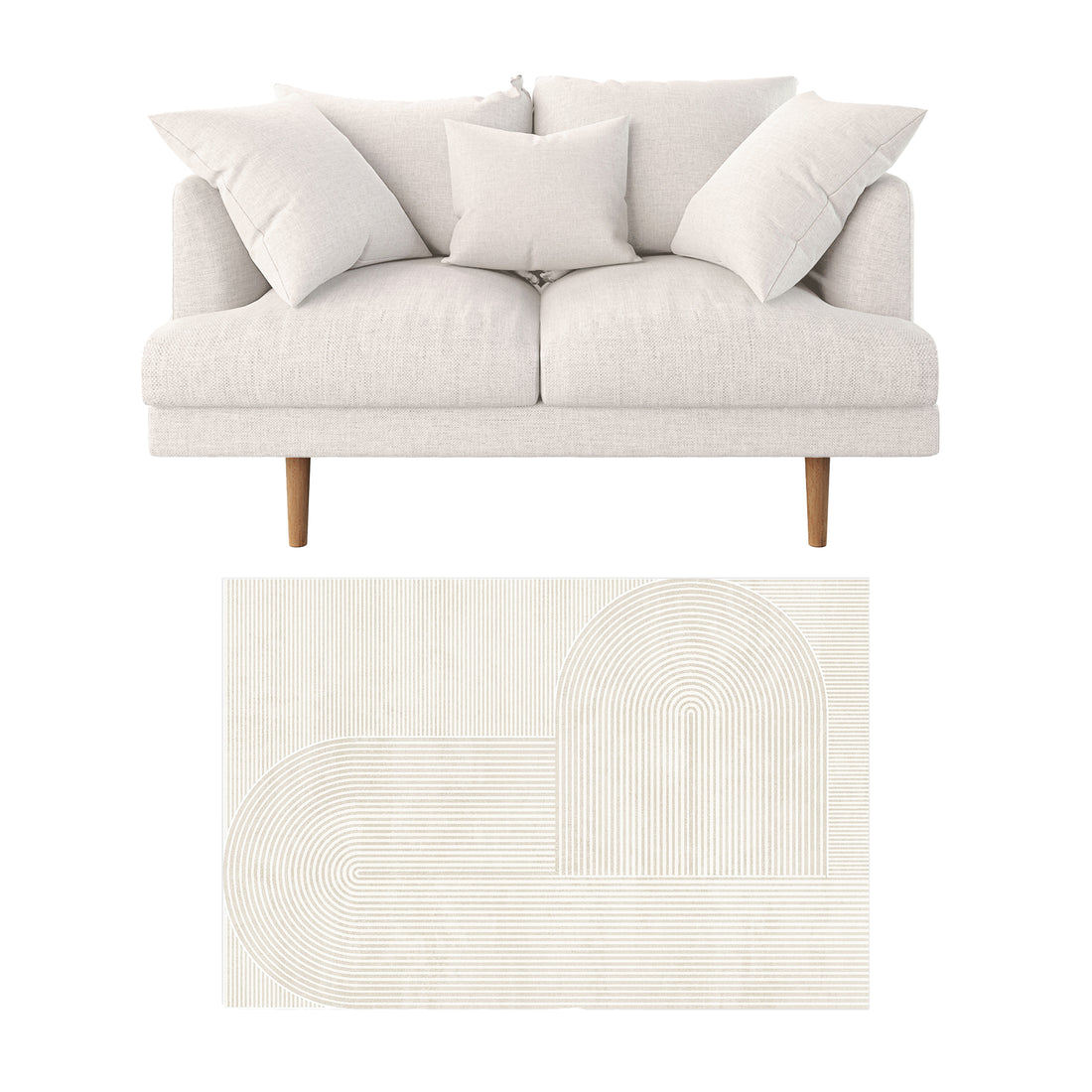 Colton 2 Seater Sofa with Rug in Cream White Fabric, featuring a modern loveseat with three pillows, light cream upholstery, tapered wooden legs, on a neutral-toned geometric pattern rug, perfect for contemporary spaces.