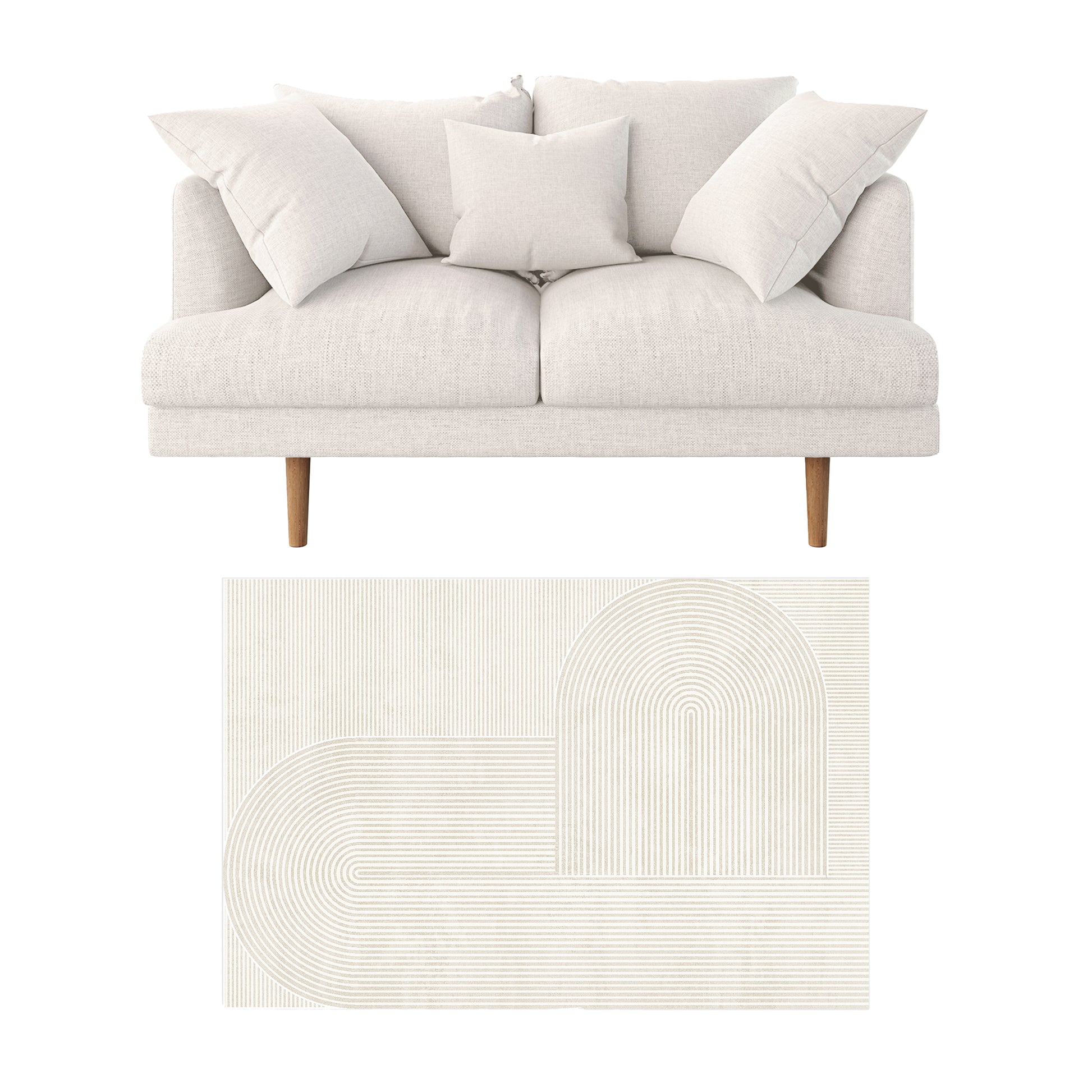 Colton 2 Seater Sofa with Rug in Cream White Fabric, featuring a modern loveseat with three pillows, light cream upholstery, tapered wooden legs, on a neutral-toned geometric pattern rug, perfect for contemporary spaces.