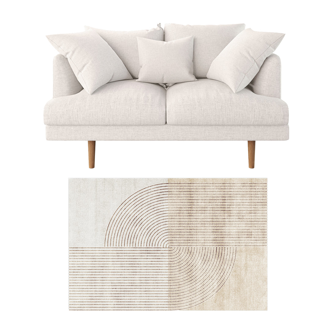 Colton 2 Seater Fabric Sofa with Rug - Cream White features a cream-beige loveseat with five pillows and slender wooden legs, paired with a geometric-patterned cream and tan area rug.