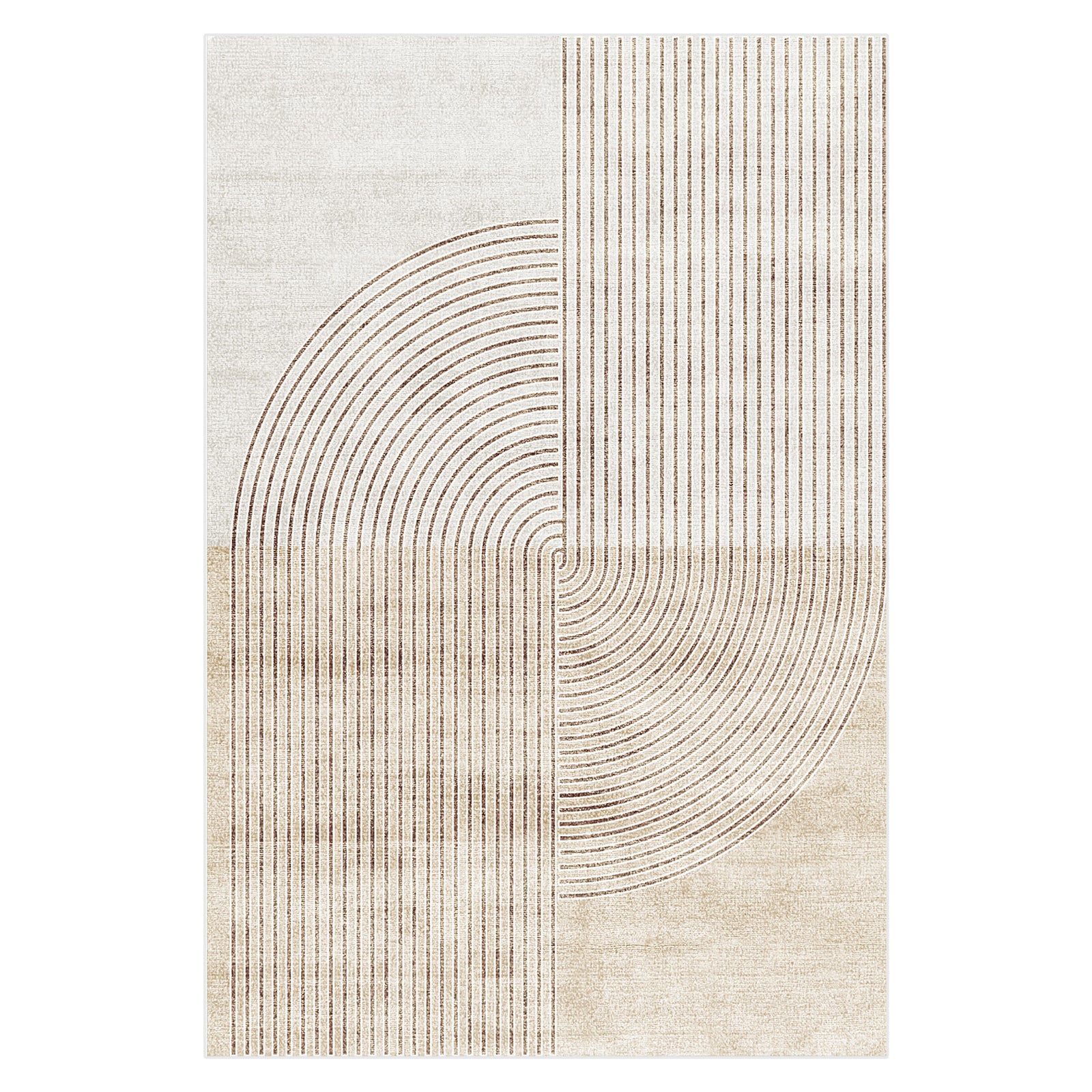Colton 2 Seater Fabric Sofa with Rug - Cream White: A cream-white, modern sofa paired with an abstract-geometric rug featuring concentric arcs and stripes, creating a mid-century-inspired aesthetic.