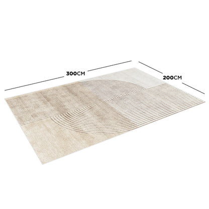 Colton 2 Seater Fabric Sofa with Rug - Cream White, featuring a neutral-beige low-pile rug with abstract patterns, enhancing contemporary living room decor.