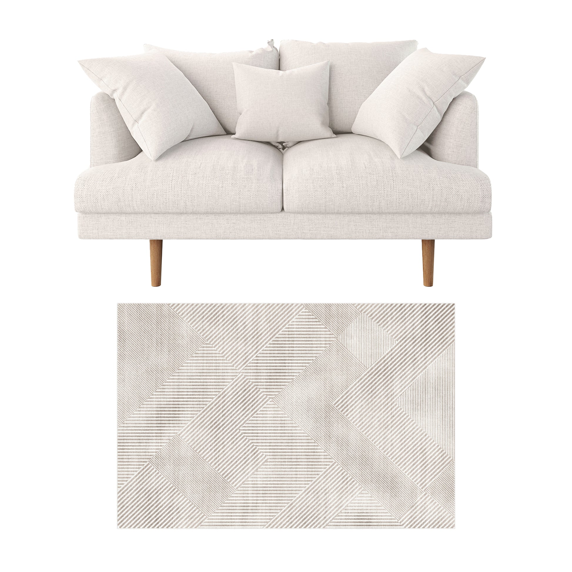 Colton 2 Seater Fabric Sofa with Rug - Cream White: A modern loveseat with four cushions, light upholstery, and a geometric-patterned rug beneath, set against a plain background for a sleek catalog presentation.
