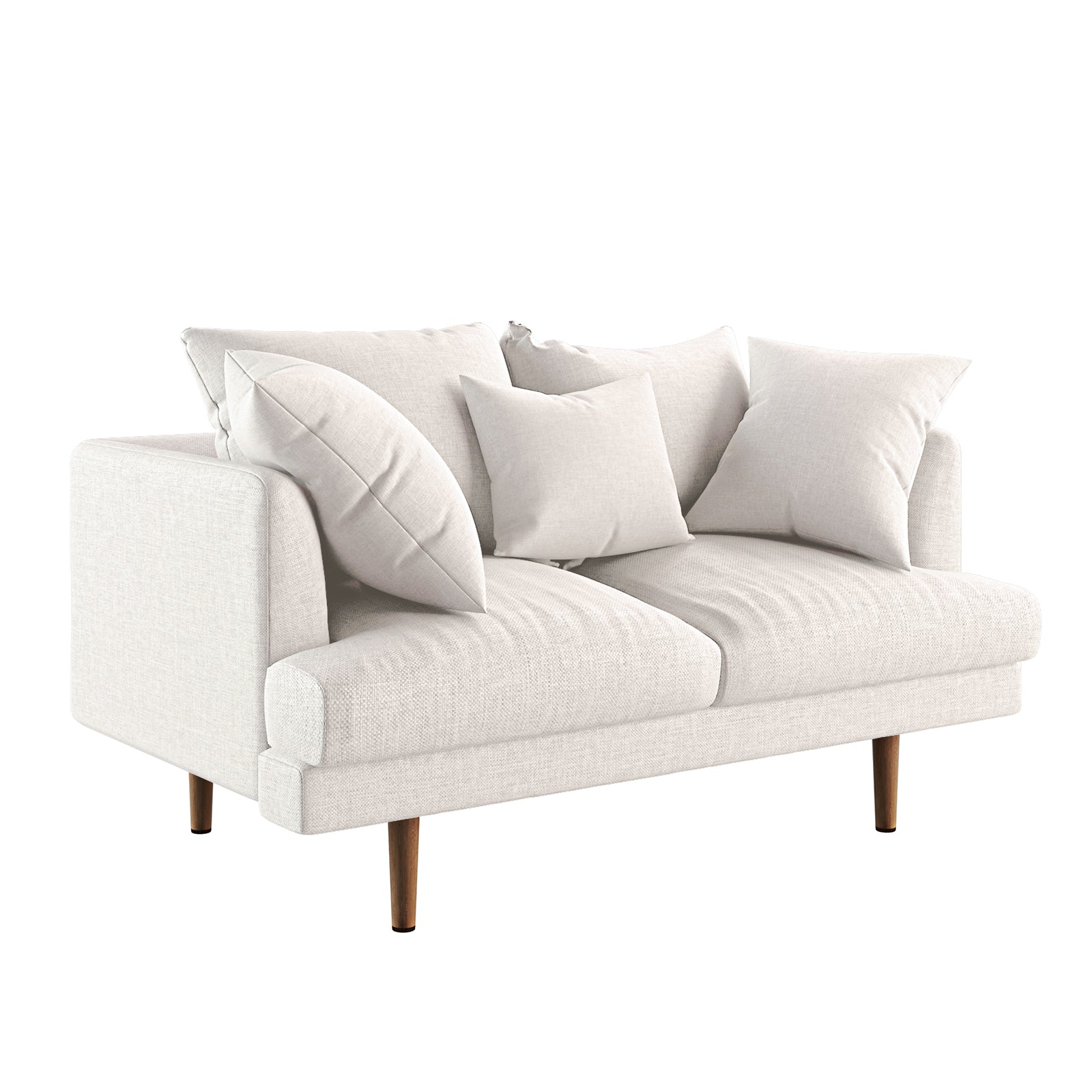 Colton 2 Seater Fabric Sofa with Rug - Cream White, featuring a modern design with light fabric, slender wooden legs, loose cushions, and three throw pillows, styled for contemporary living spaces.